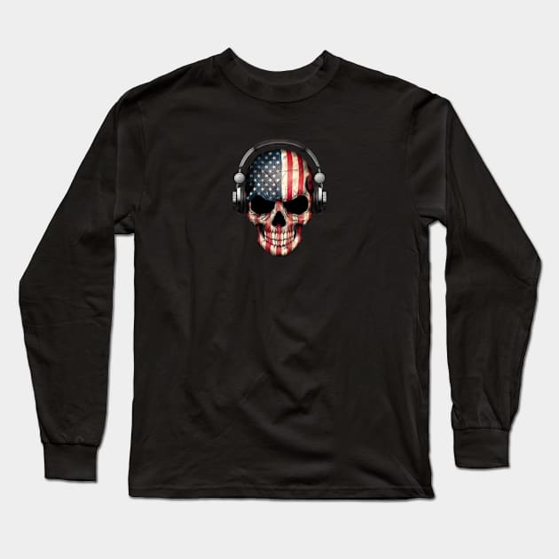 Dark Skull Deejay with American Flag Long Sleeve T-Shirt by jeffbartels